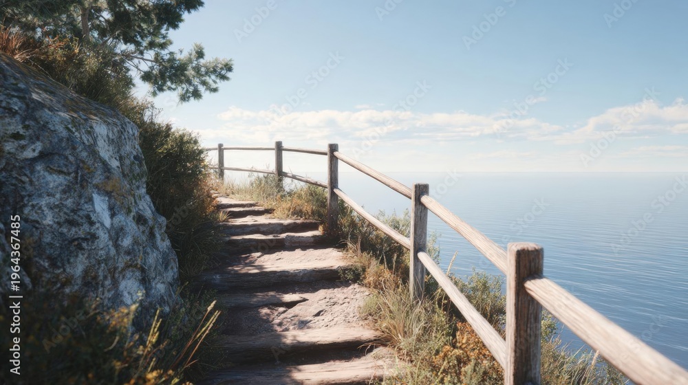 Obraz premium Wooden staircase leading down to the ocean. the staircase is made of stone and has a wooden railing on one side. the railing is attached to a rocky cliff on the left side of the image.
