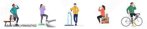 Set of flat illustrations of diverse people drinking water and staying hydrated during different physical activities and breaks, isolated on white background.