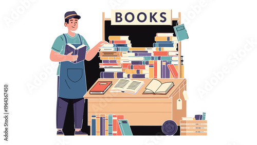The Book Vendor's Haven: A book vendor, surrounded by a vibrant display of literature, finds solace in a book's embrace, exuding the passion of knowledge and the charm of a humble bookstore.