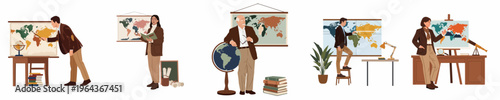 Collection of flat vector illustrations depicting teachers and geographers exploring world maps and globes in academic settings.