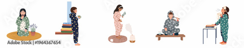 Set of diverse women in pajamas performing various wellness and self-care activities including meditation, drinking tea, and using aromatherapy for restful sleep.