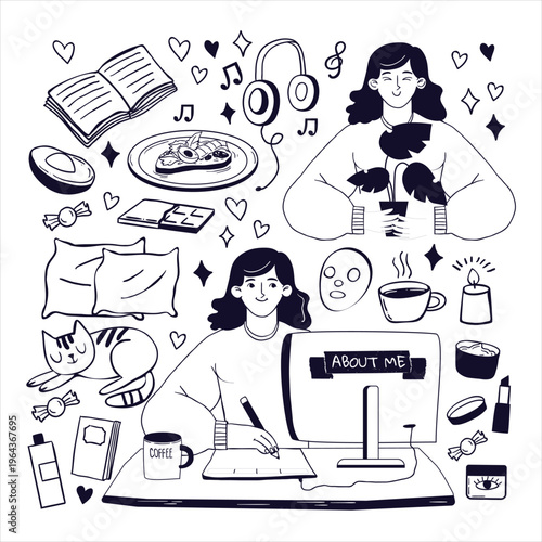 Hand-drawn doodle illustration of a young woman's lifestyle and various daily routine elements.