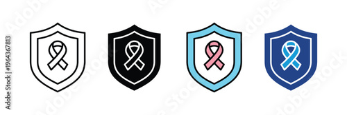 Medical awareness ribbon with protective shield for cancer support, charity foundation and healthcare insurance icon set. Disease prevention and patient protection symbol. Vector Illustration.