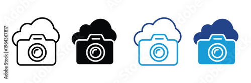 Digital camera with cloud for online photo storage, wireless photography backup and remote data hosting icon set. Creative network image sharing symbol. Vector Illustration.