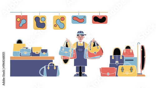 Shopkeeper with the bag: An illustration of a shopkeeper holding many shopping bags, showcases a bustling scene of fashion and retail. 