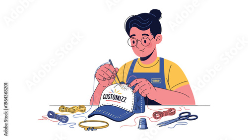 Crafting Creativity: An individual meticulously works on personalizing a hat, surrounded by essential tailoring tools, showcasing the art of custom craftsmanship.