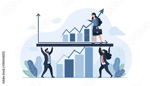 Business people collaborate to support financial growth chart with upward arrow.