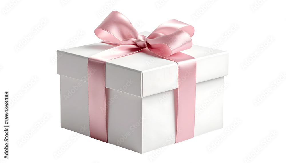 Fototapeta premium White square gift box with pink ribbon and bow on black backdrop, perfect for celebrations
