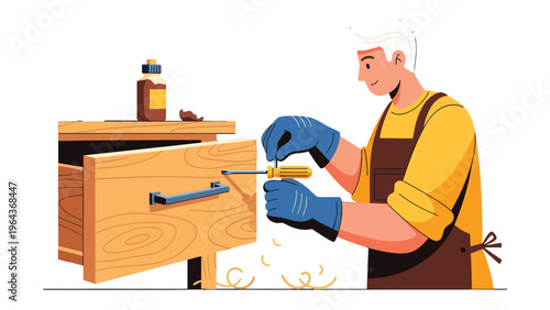 Artisan at Work: An artisan meticulously works on a wooden cabinet, skillfully manipulating tools with precision and care, embodying dedication to craftsmanship.