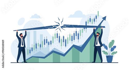 Businessmen holding up a broken stock market graph showing growth.