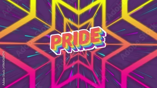 Rainbow pride text banner against floral design in seamless pattern on purple background