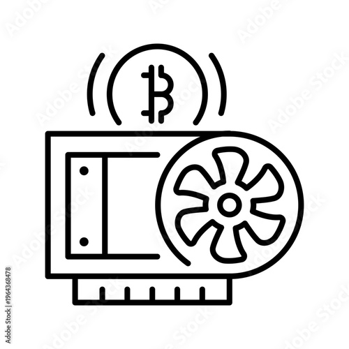 Bitcoin miner icon. Business and cryptocurrency line symbol. Black and white.