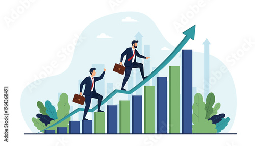Businessmen climbing up a growing financial graph representing success.