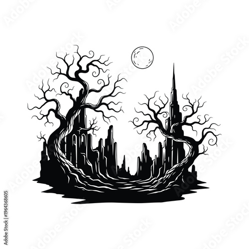 Black silhouette of haunted castle.