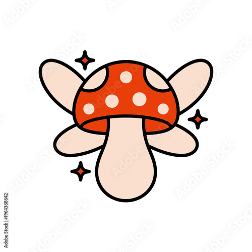Red Mushroom with White Spots and Sparkles on White Background
