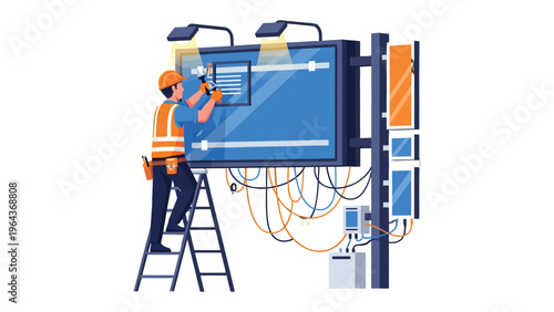 Billboard Installation: A skilled technician, atop a ladder, meticulously works on a large billboard, ensuring its proper setup and function.