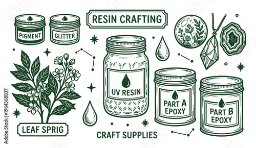 Resin crafting supplies vector illustration with pigment, glitter, leaf sprig, UV resin, epoxy and craft element.
