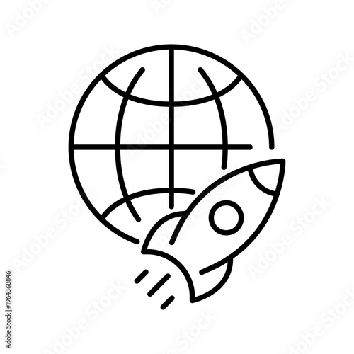 Earth orbit icon. Science and spaceflight line symbol. Black and white.