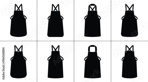Eight Black Silhouette Apron Icons with Straps and Pockets in Various Styles Keywords: apron, kitchen apron, work apron, chef apron, baker apron, silhouette, icon, set, collection, clothing