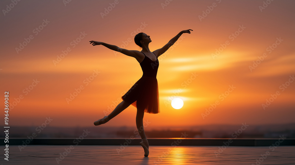 Fototapeta premium Silhouette of a ballerina dancing against a sunset sky on an open rooftop, warm golden hues and expressive pose, minimalist composition