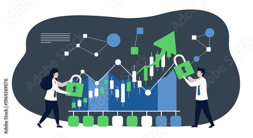 Financial security concept with people and charts.