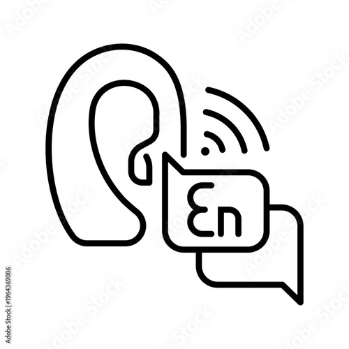 Headset translator icon. Technology and speech translation line symbol. Black and white.