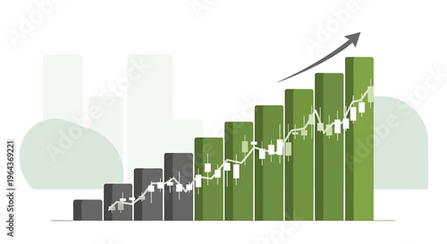 Green bar chart with upward trending arrow and stock market graph.