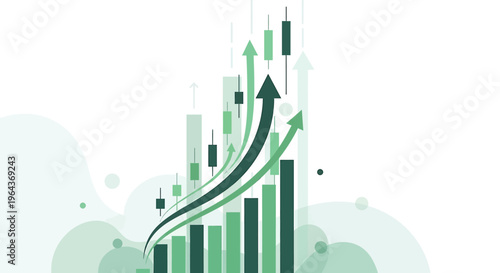 Green financial graph with upward trending arrows and candlesticks.