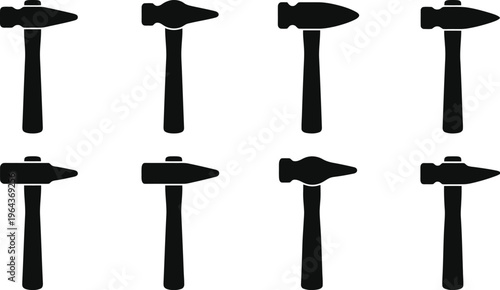 Assortment of Black Hammer Silhouettes on White Background tool striking