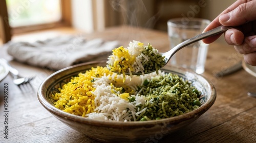Colorful mixed rice dish served in rustic bowl on wooden table