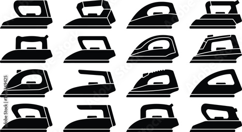 Assortment of Black Silhouette Icons Representing Different Types of Electric Irons clothing iron laundry