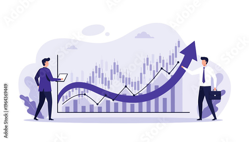 Two businessmen analyze stock market growth chart with upward arrow.