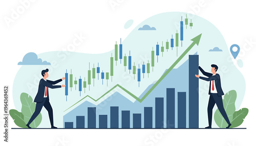 Two businessmen analyze stock market growth charts and bar graphs.