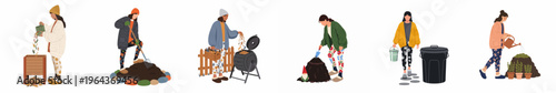 Illustrations of women performing various gardening and composting tasks like turning soil, using compost bins, and watering plants for a sustainable lifestyle.