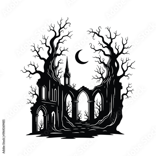 Abandoned Gothic Church Ruin Structure.