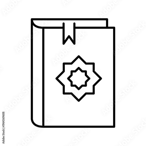 Quran book icon. Religion and islam line symbol. Black and white.