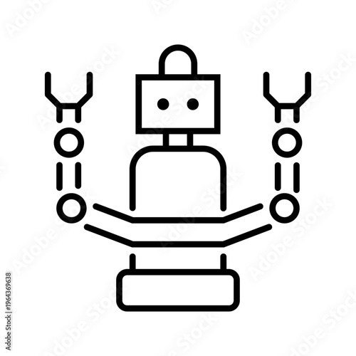 Robot arm icon. Industry and industrial robotics line symbol. Black and white.