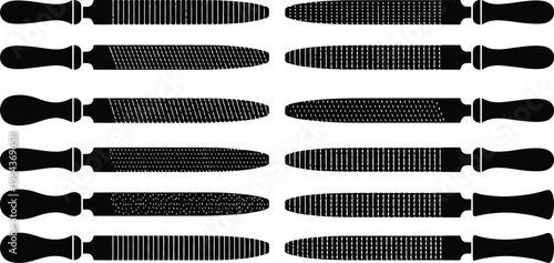 Assortment of Black Silhouettes of Files with Wooden Handles and Varied Rasping Surfaces tool woodworking