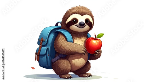 A cute, cartoon-style sloth is ready for school. It wears a blue backpack and holds a bright red apple. The background is white