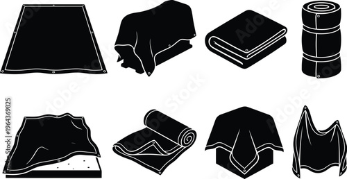 Assortment of Black Silhouettes of Tarps and Blankets in Various Folds fabric material