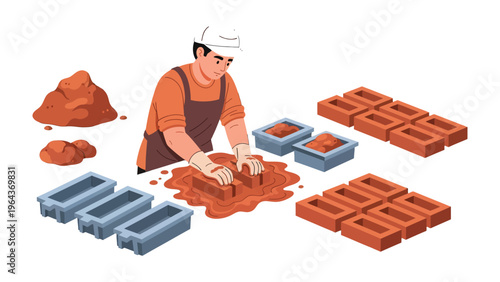 Crafting Foundations: A builder meticulously forms bricks, surrounded by materials and tools, highlighting the essential work of construction.