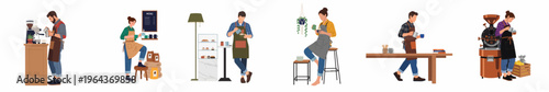 Collection of professional baristas working in modern coffee shop environments, roasting beans, creating latte art, and serving delicious espresso beverages.