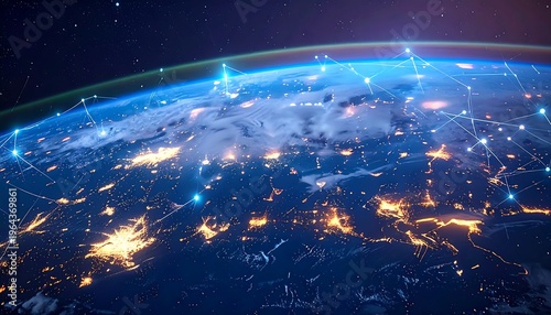 Global network connectivity over Earth at night, showing illuminated cities and digital data pathways.