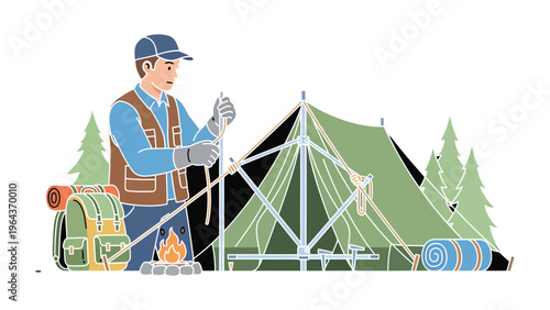 Camping Adventure Setup: A detailed illustration of an individual setting up a tent amidst a serene outdoor scene, ready to embrace the wonders of the great outdoors.