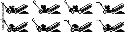 Black Silhouette Icons of Trenchers Digging in Soil machine construction