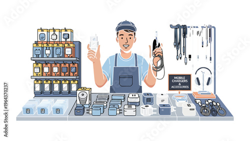 Tech Shop: A friendly shopkeeper stands proudly amidst a vibrant display of mobile chargers and accessories, the embodiment of customer service and tech expertise.