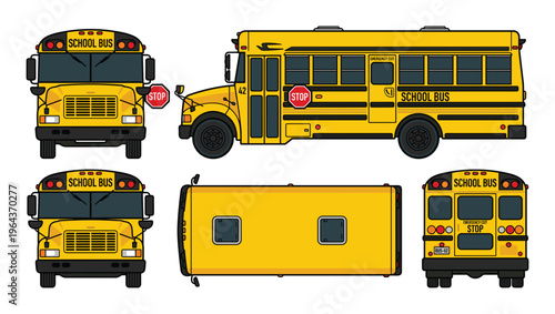 School bus views: Front, side, top, and back vector illustration, perfect for educational and transportation design projects.