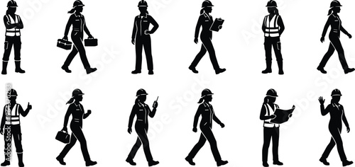 Professional Female Engineer and Construction Worker Silhouette Set Featuring Site Supervisors Architects and Project Managers in Safety Gear for Industrial Design Projects