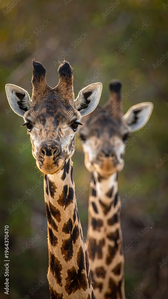Obraz premium Two Giraffes Staring at the Camera in the African Savanna.