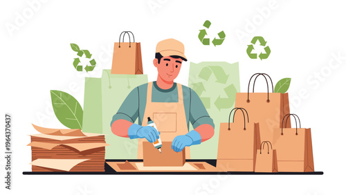 Fényképezés Sustainable Packaging: An artisan carefully crafts eco-friendly packaging, surrounded by symbols of recycling and natural elements, showcasing a commitment to a greener future